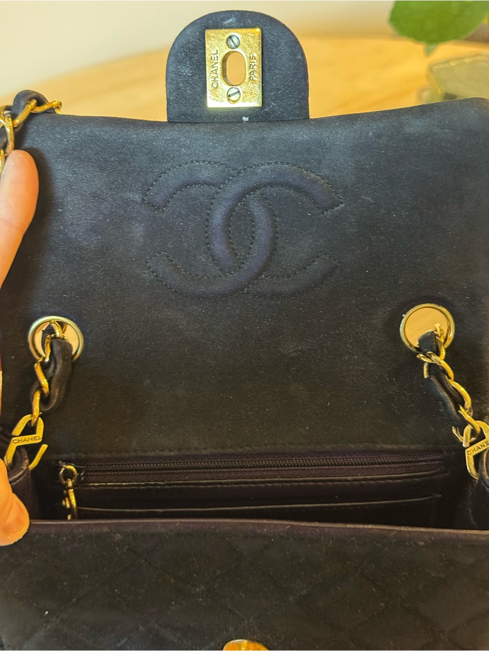 CHANEL Black Quilted Suede Crossbody with Gold Chain - Picture 8 of 16